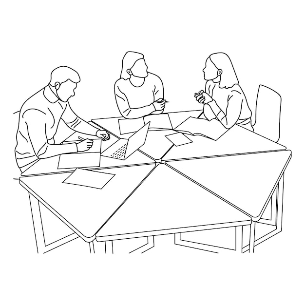 Business meeting discussion between workers in the office hand drawn vector illustration line art