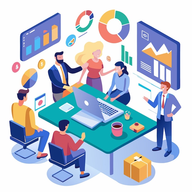 Business meeting with people working on charts data and a laptop at a table