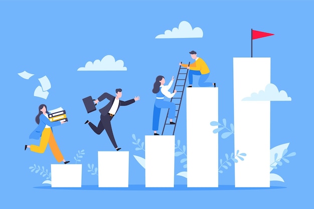 Business mentor helps to improve career and holding stairs steps vector illustration