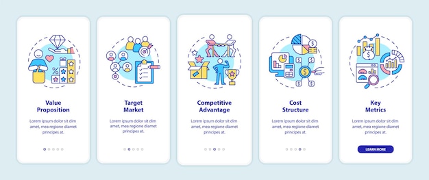 Business model components onboarding mobile app page screen. Company development walkthrough 5 steps graphic instructions with concepts. UI, UX, GUI vector template with linear color illustrations