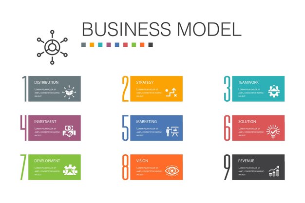 Business model Infographic 10 option line concept.strategy, teamwork, marketing, solution simple icons