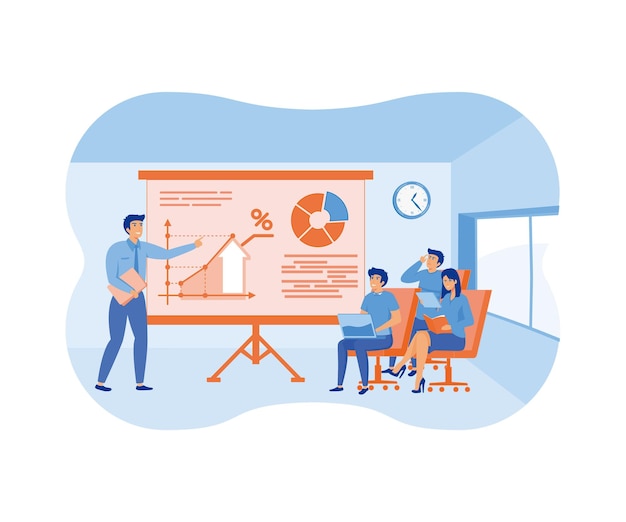 business online training seminar or courses mentor doing presentation about marketing sales report ecommerce flat vector modern illustration