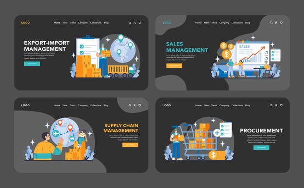 Business operations night or dark mode web or landing page set efficient exportimport management