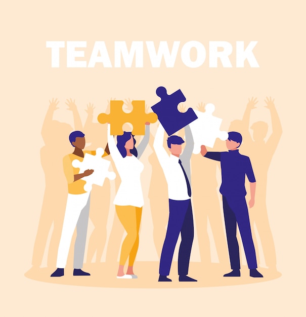 Business people celebrating with puzzle pieces