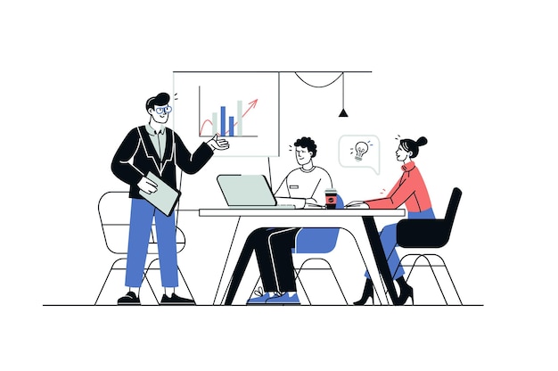 Business people concept in flat line design Colleagues sit at table in conference room discussing