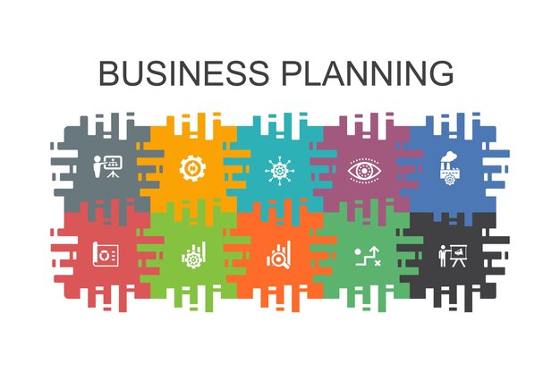 Business planning cartoon template with flat elements. Contains such icons as management, project, research, strategy