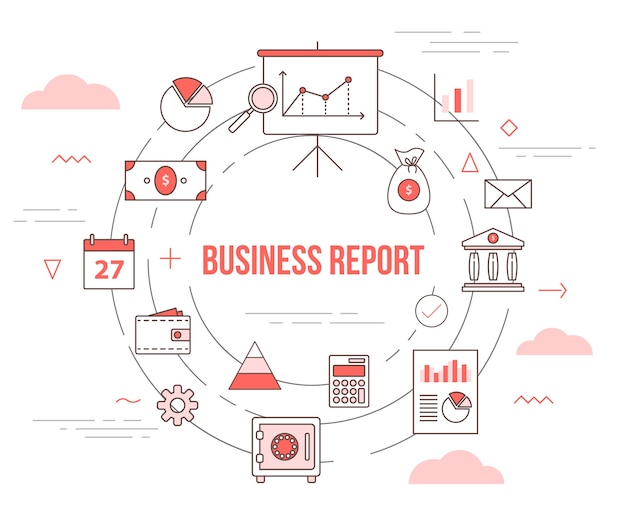 business report concept with illustration set template  with modern orange color style 