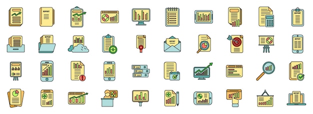 Business report icons set vector color line