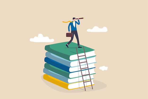business skills for career opportunity, knowledge or education for future job, challenge and personal improvement, reading list concept, businessman climb up ladder on books stack for good vision.