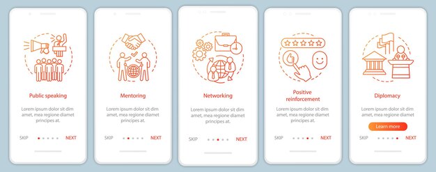 Business soft skills onboarding mobile app page screen vector te