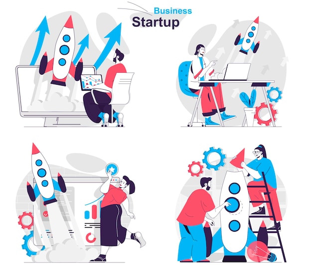 Business startup concept set Successful launch new project company development