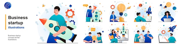 Business startup isolated set Successful development of new business idea of scenes in flat design