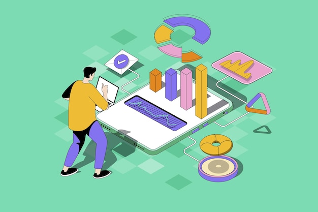 Business statistic web concept in 3d isometric design Man analyzing data in graphs and charts making research and accounting using mobile app Vector web illustration with people isometry scene