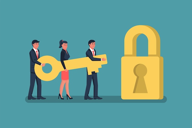 Business team hold gold key to unlock lock. Success solution. Collective achievement. Vector illustration flat design. Isolated on white background. Cooperation and teamwork. Motivation web template.