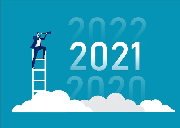 business vision with binoculars for opportunities in spyglass of 2020, 2021, 2022