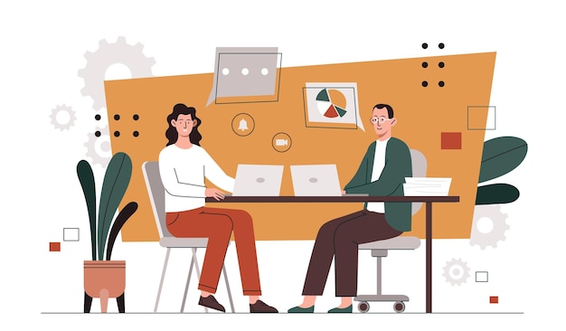 Business woman and man at workplace partners and colleagues sitting with laptops in office