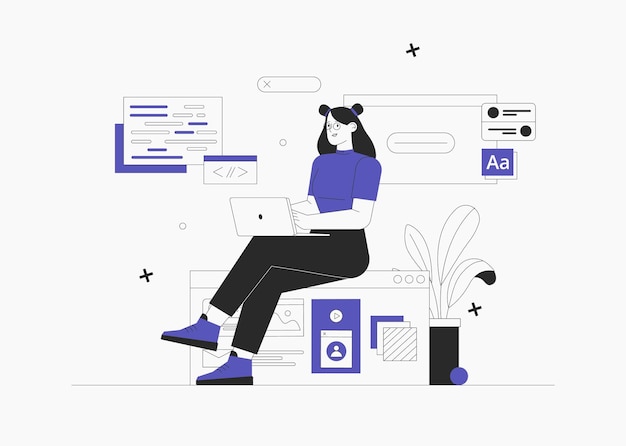 Business woman sit on infographic and work on laptop
