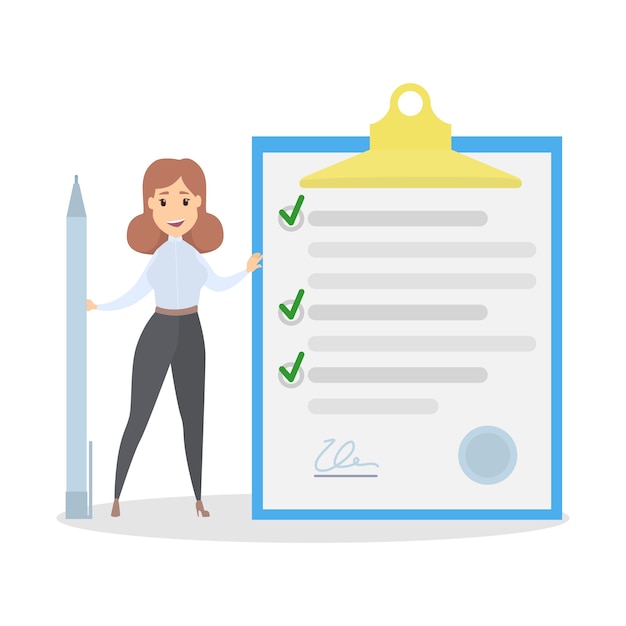 business woman standing at a giant cliboard and holding pen. complete checklist. isolated flat 