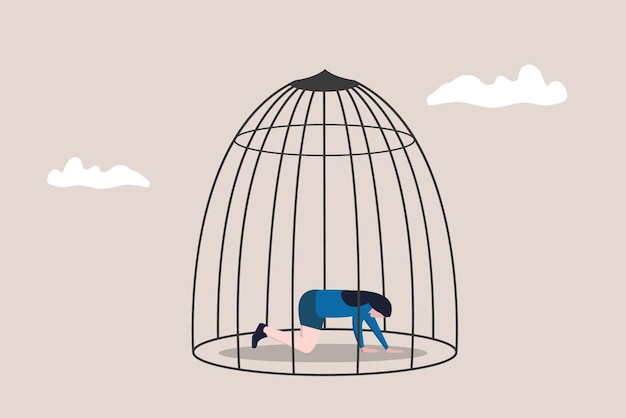 business woman with depression and despair sitting in bird cage concept of business stagnation with no growth limitation in career development punishment with no freedom in business