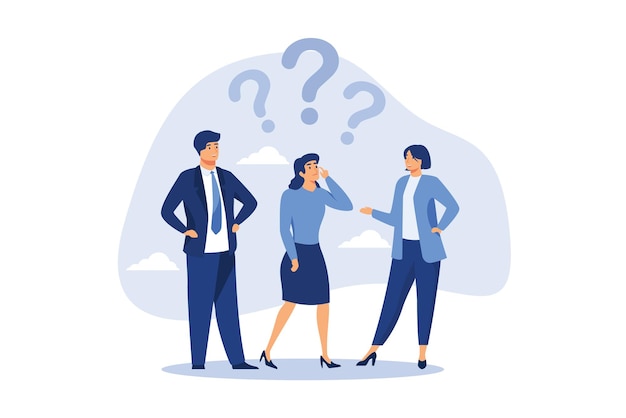 businessman and woman team thinking with question mark symbol Confused business team finding answer