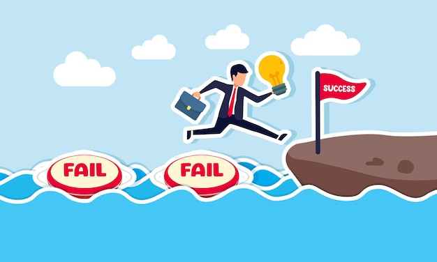 businessman carries a lit lamp jumping over and through a lifebuoy labeled fail to cross the water and reach land illustration of overcoming failures with business innovation to achieve success