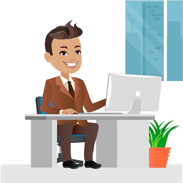 Businessman character working on a laptop computer at office desk