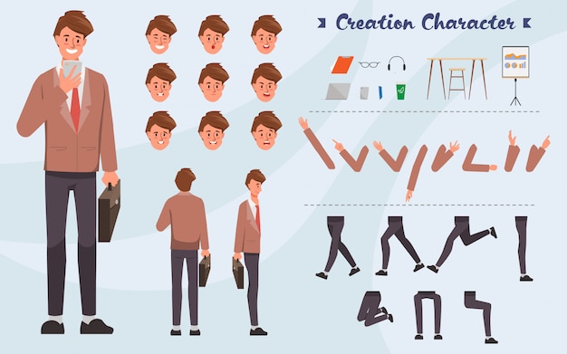 Businessman creation character pose with occupation job in uniform suit. Emotions face animation.