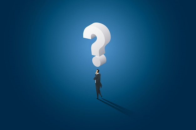 Businessman decision standing thinking and has huge question mark on top head.
