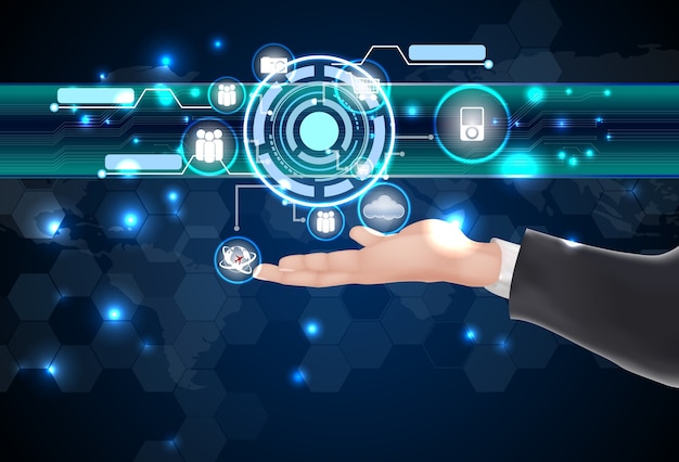 Businessman future web technology and icons on the hand