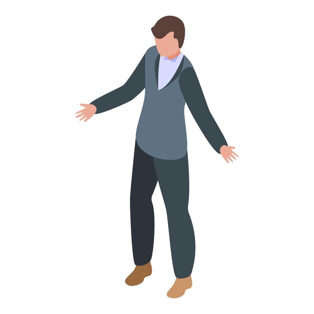 Businessman gesturing with hands apart during presentation in isometric style