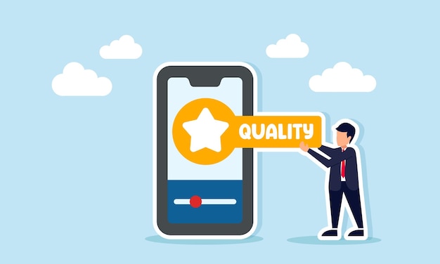 Businessman holding a board with star symbol and quality text beside smartphone illustrating business app quality standardization