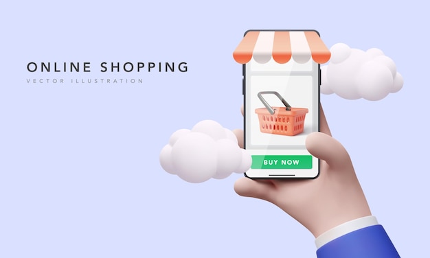 Businessman holding a phone in his hand makes purchases in an online store. Vector illustration