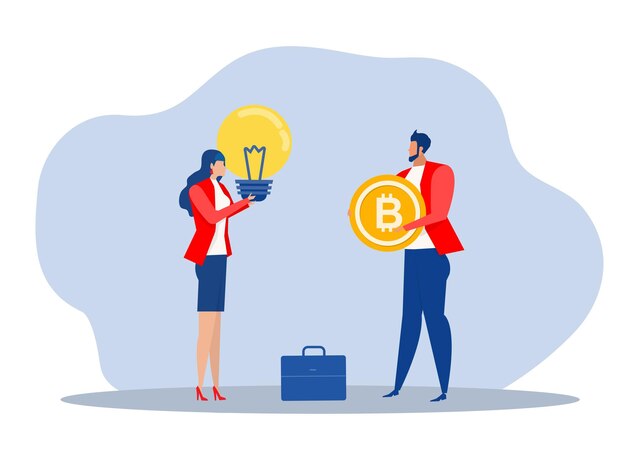 Businessman holding bitcoin to exchange a light bulb metaphor for bright idea. Vector illustration