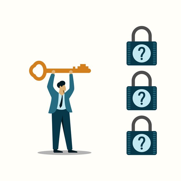 Businessman holding key to unlock or reach goal success