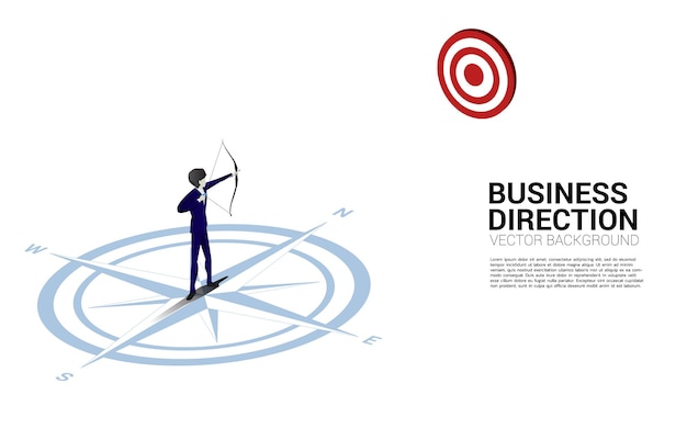 businessman in suit shoot the arrow to target standing at center of compass on floorconcept of career path and business direction