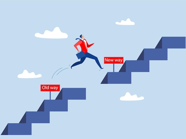 Businessman Jumping up stair to new way Old way and new way choice