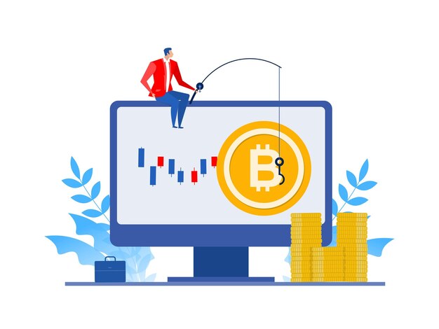 Businessman on laptop computer fishing bitcoin Fishing rod and Mining Crypto currency
