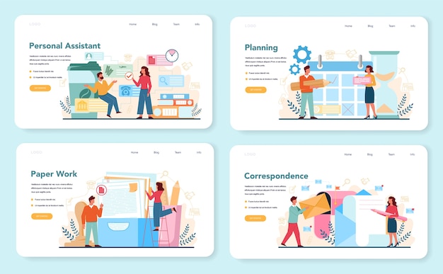 Businessman personal assistant web banner or landing page set