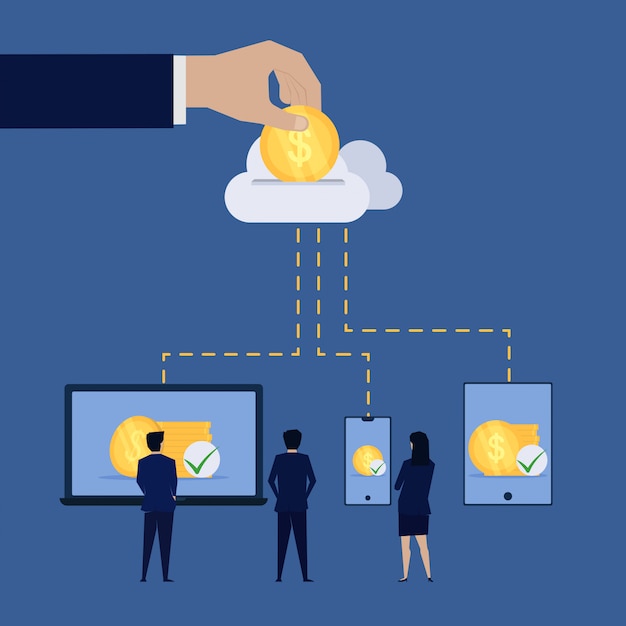 Businessman saving online from cloud online to device.