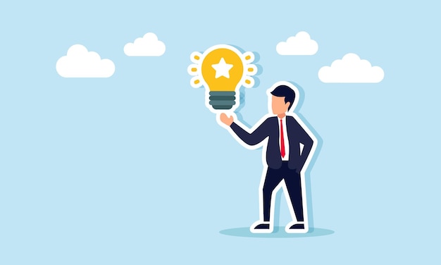 businessman shows a glowing light bulb labeled with a star illustration of presenting business ideas about business quality