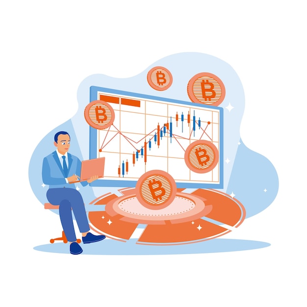 Businessman sitting on a chair and holding laptop looking at the stock market graph in office