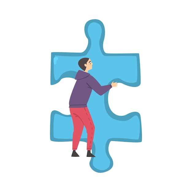 Businessman Solving Jigsaw Puzzle Person Trying to Connect Blue Puzzle Element Cartoon Style Vector Illustration