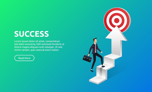 businessman walking on the stair to the target, success and career concept