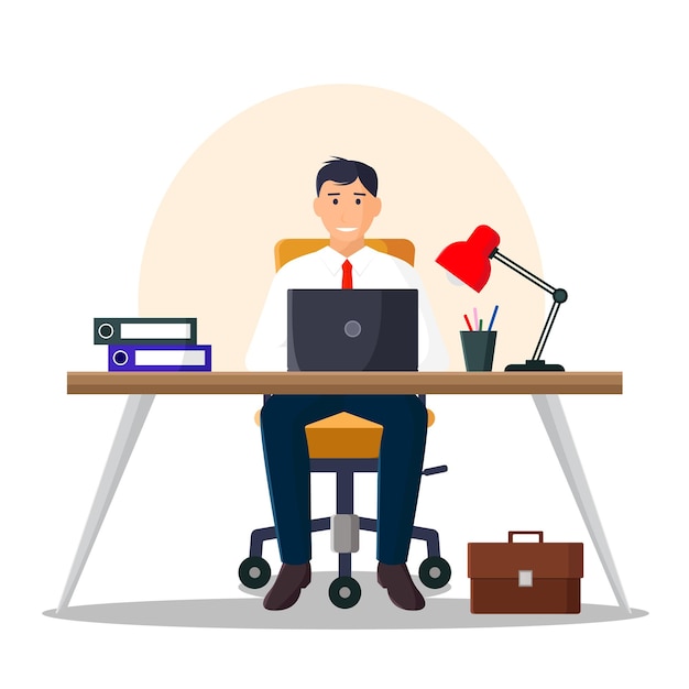 Businessman working at his desk Office worker Vector illustration in flat style