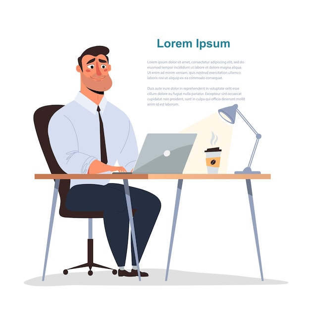 Businessman working on analytics on a laptop cartoon vector illustration