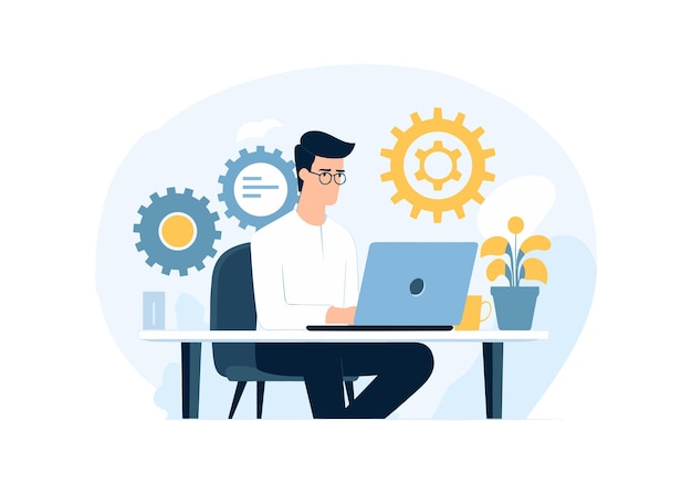 Businessman working on laptop in office Vector illustration in flat style