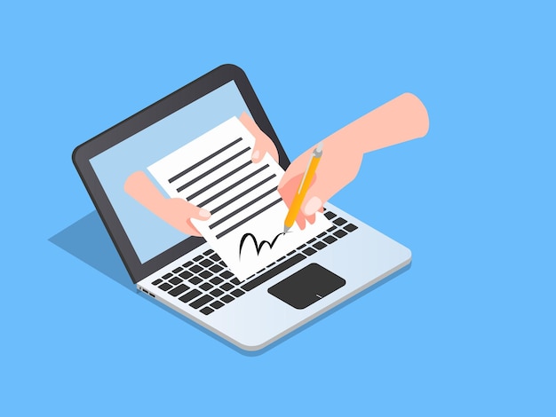 businessman writes an electronic signature in contract on laptop computer