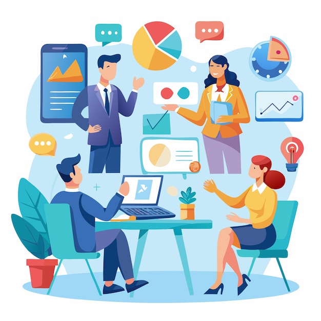 Businesspeople collaborating on a project around a table with charts and graphs