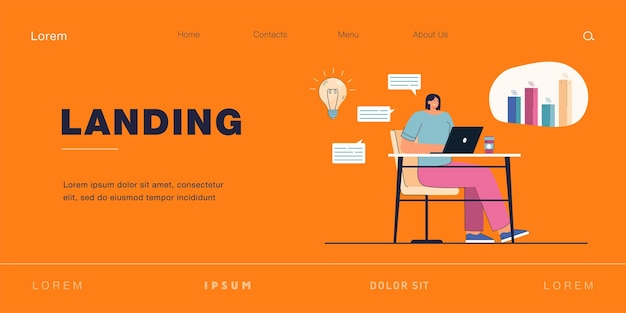 businesswoman analyzing social media statistics on laptop. creative woman posting content online flat vector illustration. technology, data analysis, marketing concept for banner or landing web page