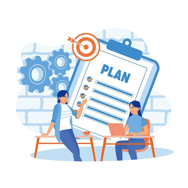 Businesswoman and coworker making task application on the clipboard Work together to achieve targets Business Plan concept Flat vector illustration